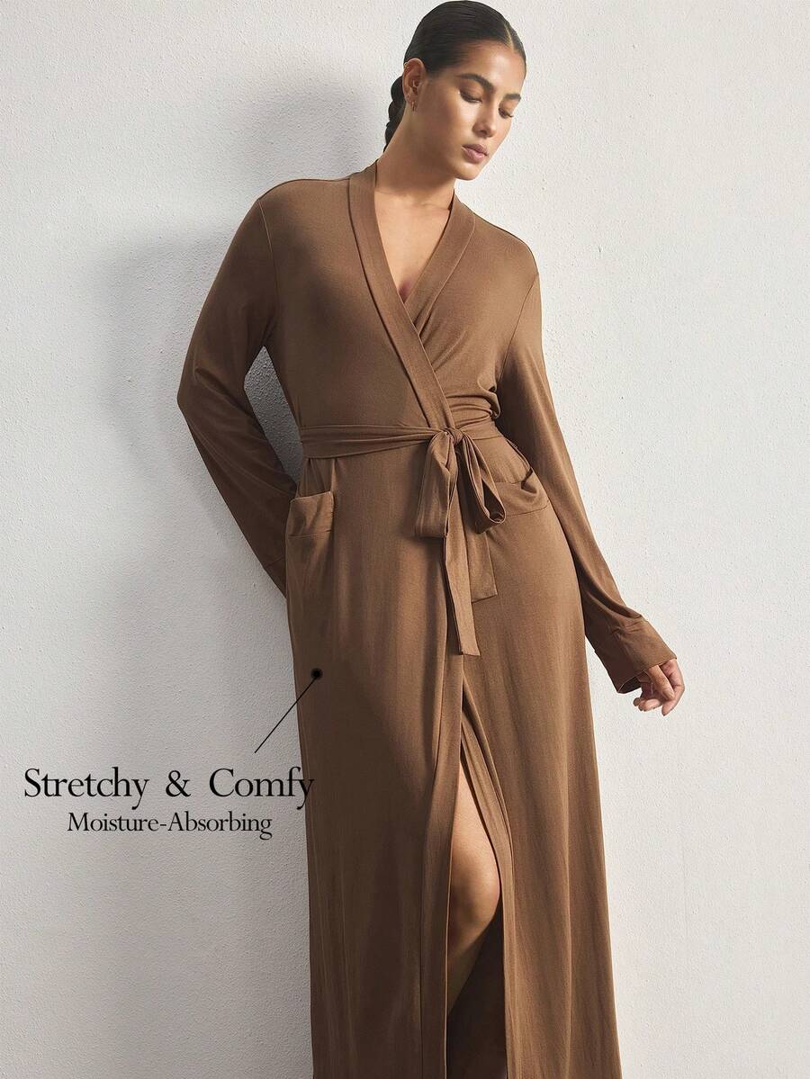 Ocili Comfortable, Smooth Cotton Robe, Extra Long Women's Sleepwear Robe, Chic Autumn Slumber - Brown - View 1
