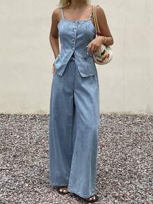 Livesso Women's Casual Denim Set With Bandeau Top, Split Hem, Cinched Waist And Long Pants Vacation Summer Light Blue - Blue - View 4