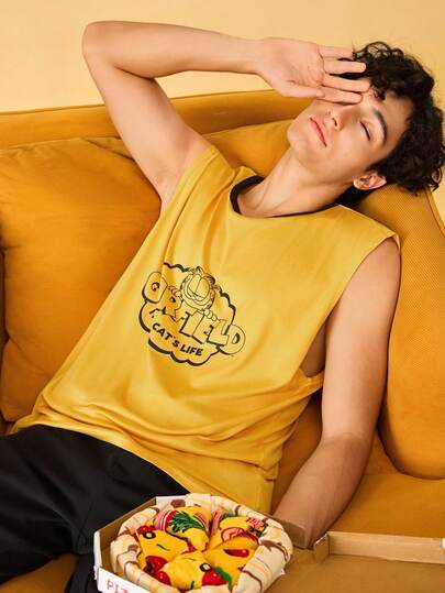 Notgurli GARFIELD | SHEIN Tank Top Pria Nyaman dengan Motif Kucing dan Huruf, Potongan Longgar, Leher Bulat, Cocok untuk Musim Panas, Palet Warna Musim Panas Lembut, Hitam, Kasual.