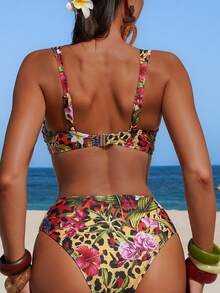 Swim Vcay 2026 Spring/Summer New Leopard Print Floral Pattern Women's Swimwear Set, Sexy Tropical Casual Style Bikini, Rock Y2K Beach Vacation Outfit Yellow - Multicolor - View 2