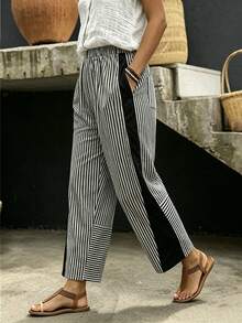 SHEIN LUNE CURVE Pantalones Blancos con Parches Talla Grande Casual Vacaciones Otoño Playa - Blanco y Negro - Ver 4