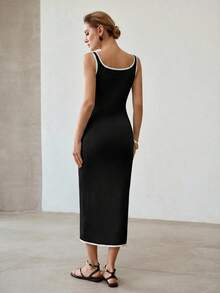 MOTF PREMIUM SPRING/SUMMER CONTRAST BINDING SPLIT HEM SLIM FIT SWEATER DRESS - Black - View 3
