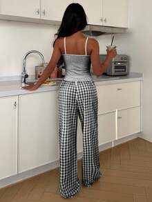 ZzzCrew Women's Fresh Striped Top And Plaid Long Pants Pajama Set - Black and White - View 2