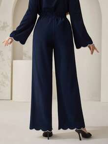 Veilorie Bottom Only(Without Top)Conservative Casual Wave Hem Embroidered Women Pants - Navy Blue - View 8