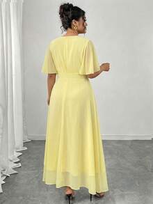 Modelyn Women's Plus Size Elegant Spring/Summer Round Neck Ruffle Bell Sleeve Fitted Draped Chiffon Dress - Yellow - View 2