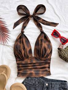 Soleia (No Chest Padding)Plus Size Women's Vacation Knit Mesh Vintage Brown Leopard Print Halter V-Neck Tie Bow Ruched Romantic Tank Top, - Multicolor - View 6