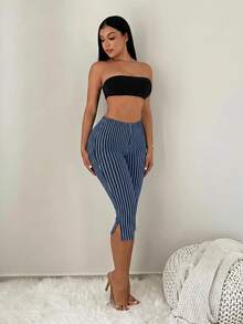 SHEIN SXY 女款條紋休閒百搭日常出遊緊身內搭褲 - 藏蓝色 - 查看 6