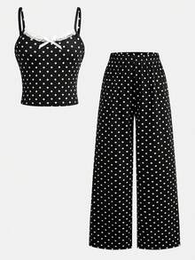 SHEIN Girlism 青少年女孩休閒日常背心上衣搭配黑色波點蕾絲上衣與直筒波點長褲 2件套裝 - 黑與白 - 查看 10