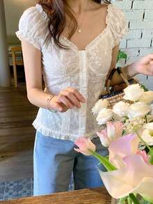 DAZY 女款純色修身泡泡袖短袖上衣 粉色 春夏可愛上衣 - 白色 - 查看 3