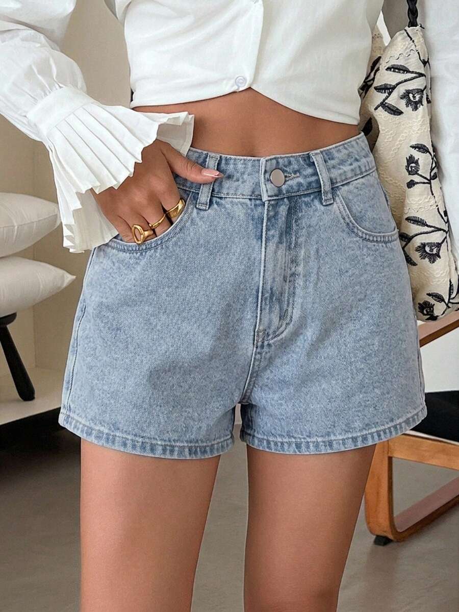 DAZY Spring/Summer Women's Casual Solid Color Washed Shorts - Light Wash - View 1