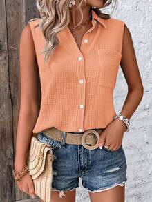 EMERY ROSE Women's Solid Color Single-Breasted Pocket Casual Sleeveless Shirt - Coral Pink - View 5