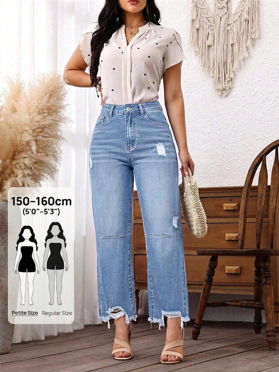 SHEIN PETITE Women's Pocket Distressed Straight Leg Loose Casual Denim Jeans ,Petite Women - Light Wash - View 1