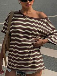 Muchica Casual Minimalist All-Over Print Off-Shoulder Dropped Shoulder Short Sleeve Loose Women's T-Shirt Suitable For Summer - Multicolor - View 6