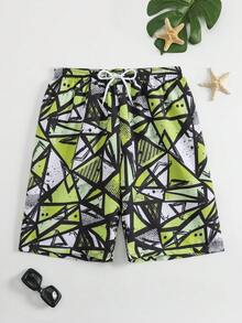 青少年男童泳褲，清新夏季風格，霓虹綠、白色與黑色幾何塗鴉線條設計，及膝長度，寬鬆直筒版型，寬鬆彈性腰帶配白色抽繩，可調節，內建黑色緊身內裡，1件裝，時尚休閒，適合游泳、夏季度假、夏季海灘與海濱、游泳池夏季假期派對休閒度假 - 綠色 - 查看 6