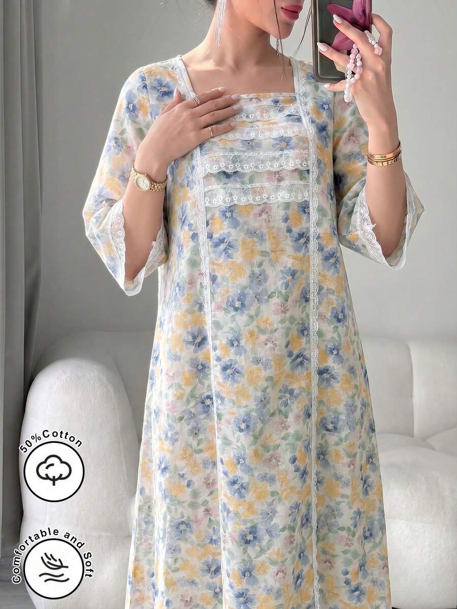Al Najma 春夏時尚浪漫方領蕾絲飾邊中長袖喇叭袖長袍 - 彩色 - 查看 1