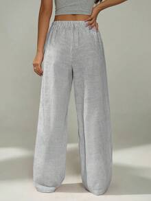 SHEIN Tall CURVE Pantalon long ample et polyvalent à jambes larges avec taille à cordon de serrage et rayures pour femmes grandes tailles - Bleu marine - Voir 2