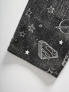 SUPERMAN X SHEIN Young Boy Geometric Pattern Patch Pocket Wide Leg Casual Denim Jeans - Black - View 6
