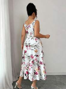 SHEIN CURVE+ Plus Size Women's Floral Print Casual Elegant Party Brunch Dinner Dress Wedding Floral White Summer - Multicolor - View 2