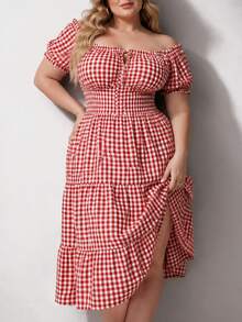 Sweetness Plus Size Women's Gingham Print Off-Shoulder Petal Sleeve Casual 1920s 1950s Vintage 90s Dress, Summer Oktoberfest Vacation Red And White - Red - View 5
