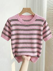 SHEIN 新款春夏韩版休闲宽松个性条纹撞色针织女式上衣 - 粉色 - 查看 8