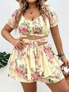 Vionelle Plus Size Women's Boho Casual Formal 2-Piece Set With Large Scoop Neck Tie-Up Cross Floral Print Crop Top Ruffle Mini Skirt Beach Pastel Pink Summer - Yellow - View 3