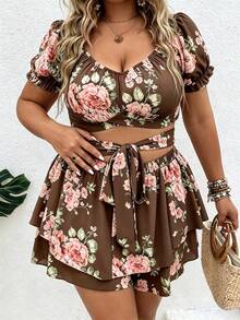 Vionelle Plus Size Women's Floral Print Short Top And Skort 2-Piece Set - Brown - View 6