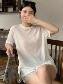DAZY 夏秋鏤空蕾絲飾邊拼接繫帶抽繩長款白色寬鬆休閒短袖女款T恤 - 白色 - 查看 5