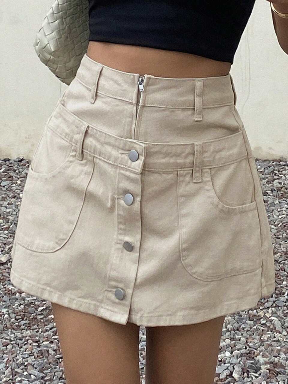 Women's Casual Everyday Denim Mini Skirt With Pockets And Dual Waistbands