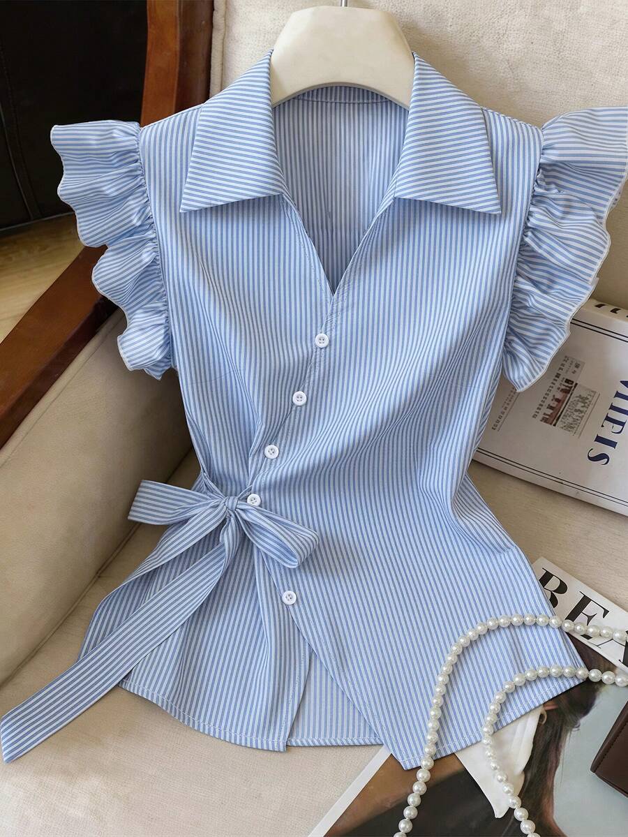 SHEIN Franclia 女士新款交叉系带短袖修身腰部衬衫,优雅百搭,适合度假、派对、办公、休闲场合穿着,短袖衬衫 - 藍色 - 查看 1