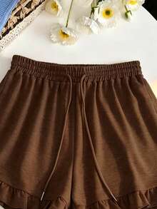 Resyla Pantalones cortos de mujer casuales de unicolor con volantes en el bajo, para verano - Café integral - Ver 3