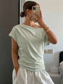 DAZY 女士夏季条纹露肩褶皱修身短袖T恤 - 綠色 - 查看 5