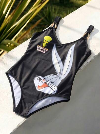 LOONEY TUNES X SHEIN Women's Cartoon Print One-Piece Swimsuit