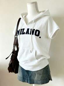 Lalippa Women's Casual Drawstring Hooded Short Sleeve T-Shirt - White - View 3