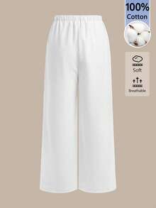 SHEIN BASICS 女款休閒百搭素色寬腿長褲 - 白色 - 查看 5
