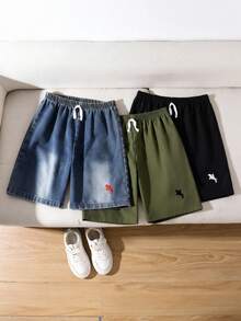 SHEIN Casuvi Kids 3件組青少年男孩買1送2，牛仔短褲搭配2件編織休閒短褲，刺繡小標籤設計，適合日常、上學、戶外、春/夏 - 彩色 - 查看 4