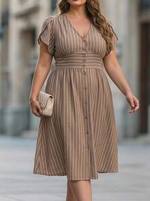 Chikora Elegantes Leinen-Freizeitkleid mit V-Ausschnitt Große Größen für Damen, geeignet für die Arbeit - Khaki - Übersicht 3