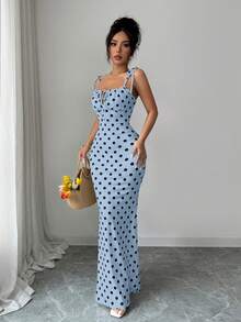 SHEIN Raffinéa 女款優雅浪漫1950年代復古藍色波點印花細肩帶長洋裝，適合夏季度假與度假派對 - 藍色 - 查看 5