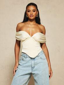 KIZN Atasan Korset Bustier Satin Model Sweetheart dengan Bahu Terbuka, Desain Lipatan Berpilin, dan Detail Potongan di Pinggang untuk Pesta Malam Hari - Aprikot - View 2