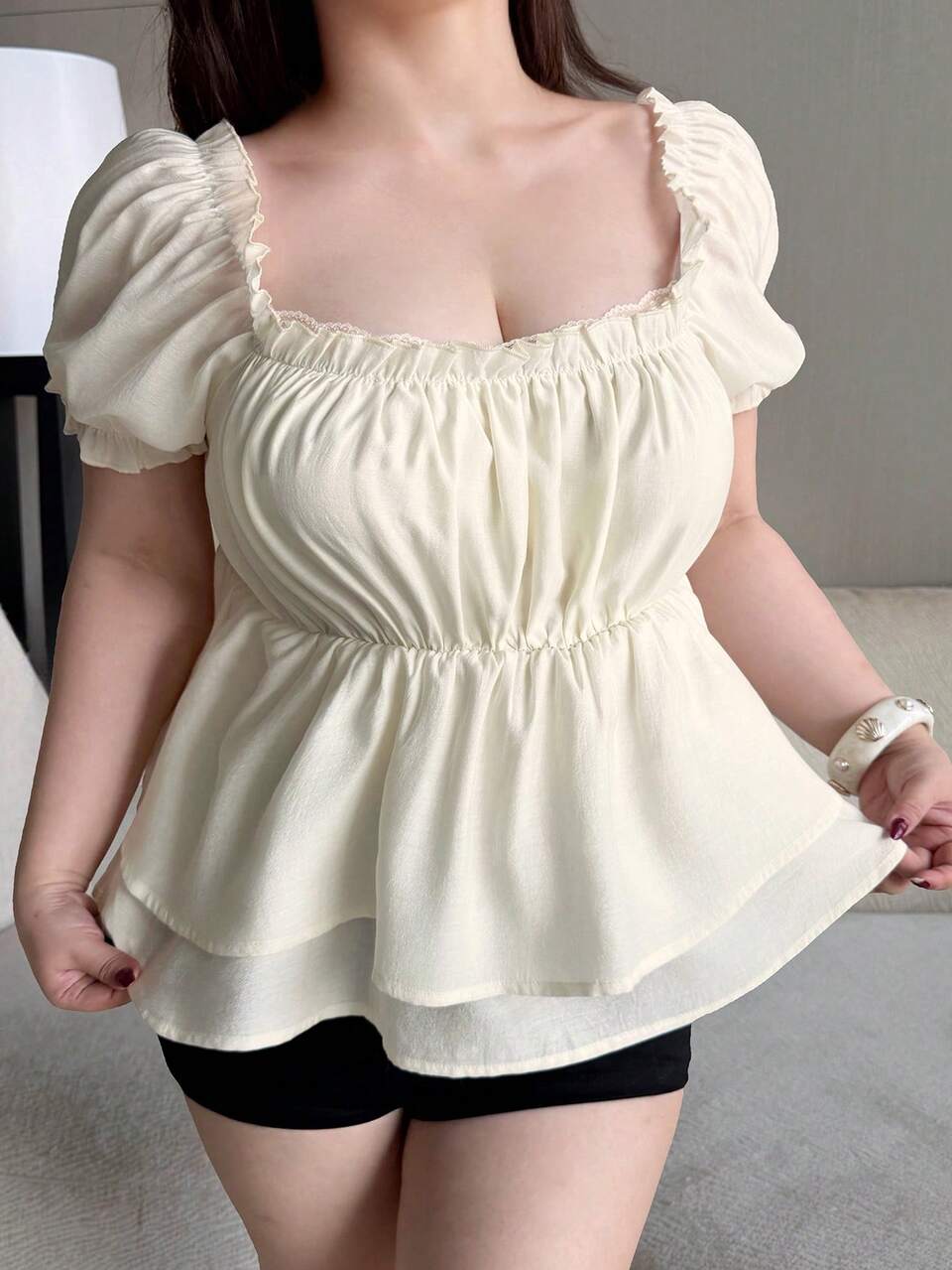 Dazy Plus Square Neck Contrast Lace Frill Trim Elegant Chiffon Cinched Waist Puff Sleeve Sweet Pullover Women's Spring Summer White Blouse