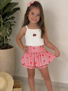 Emery Rose Kids Emery Rose Kids 少女草莓刺繡細肩帶上衣與條紋裙褲套裝 - 紅色 - 查看 11