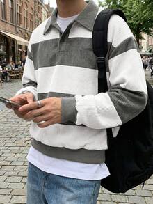 SWAVVY Men's Knit Fashion Casual Young Loose Long Sleeve Half-Open Front Sweatshirt - Grey - View 2
