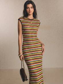 Poéselle Women's Striped Round Neck Cap Sleeve Fitted Elegant Long Dress - Multicolor - View 3