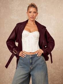 Lumalex Women's Solid Color Lapel NeckRaglan Sleeve Casual Trench Coat Jacket - Burgundy - View 7