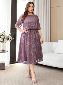 SHEIN Clasi 大尺碼女款夏季洋裝，優雅女款洋裝，網格刺繡女款洋裝，圓領女款洋裝，短袖女款洋裝，飄逸女款洋裝，美麗女款洋裝，優雅女款洋裝 - 紫色 - 查看 6