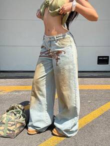 Coolane 女款夏季街頭風外出演唱會 Y2K 牛仔女郎休閒復古水洗寬腿低腰圖案棉質香蕉哈倫褲 - 中等水洗藍 - 查看 6