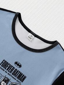 BATMAN X SHEIN GraphicGems 青少年男孩字母印花圓領短袖上衣與短褲套裝 - 灰色 - 查看 4
