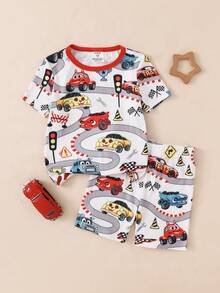 Boys' Simple Fashionable Cool Car Print All-Over Pattern Colorblock Red Crew Neck Ribbed Fabric Snug Fit Short Sleeve Top And Shorts 2-Piece Loungewear Set - Multicolor - View 2