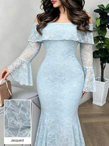 Modelyn Robe de soirée élégante et sophistiquée style dame, bandeau tube, tricot jacquard, manches évasées, coupe slim, robe grande taille pour femmes - Bleu azur - Voir 1