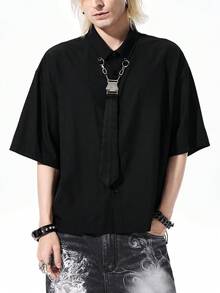 ROMWE MEN Street Life Men's Solid Color Casual Versatile Daily Travel Shirt - Black - View 6