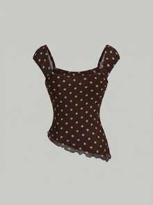 SHEIN MOD Polka Dot Print Bow Asymmetric Ruched Mesh Top - Multicolor - View 3